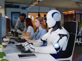 A robot working in an office with humans