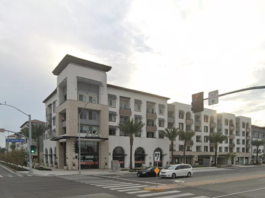 Street corner with modern multi-story building and palm trees, featuring shops and a leasing office below, under a bright, cloudy sky.