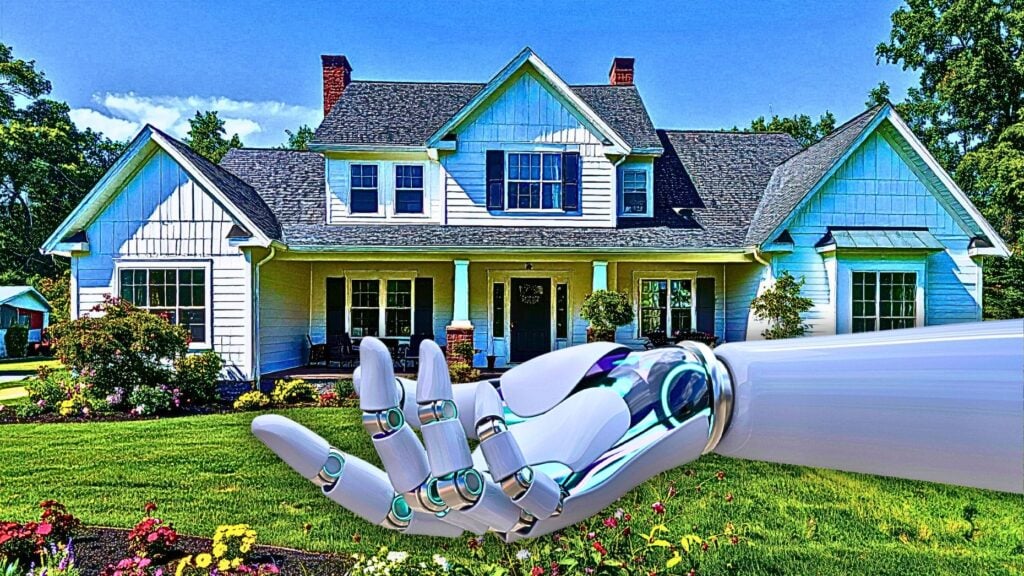 An image of a robot's arm in front of a house to represent misleading AI real estate listing photos.